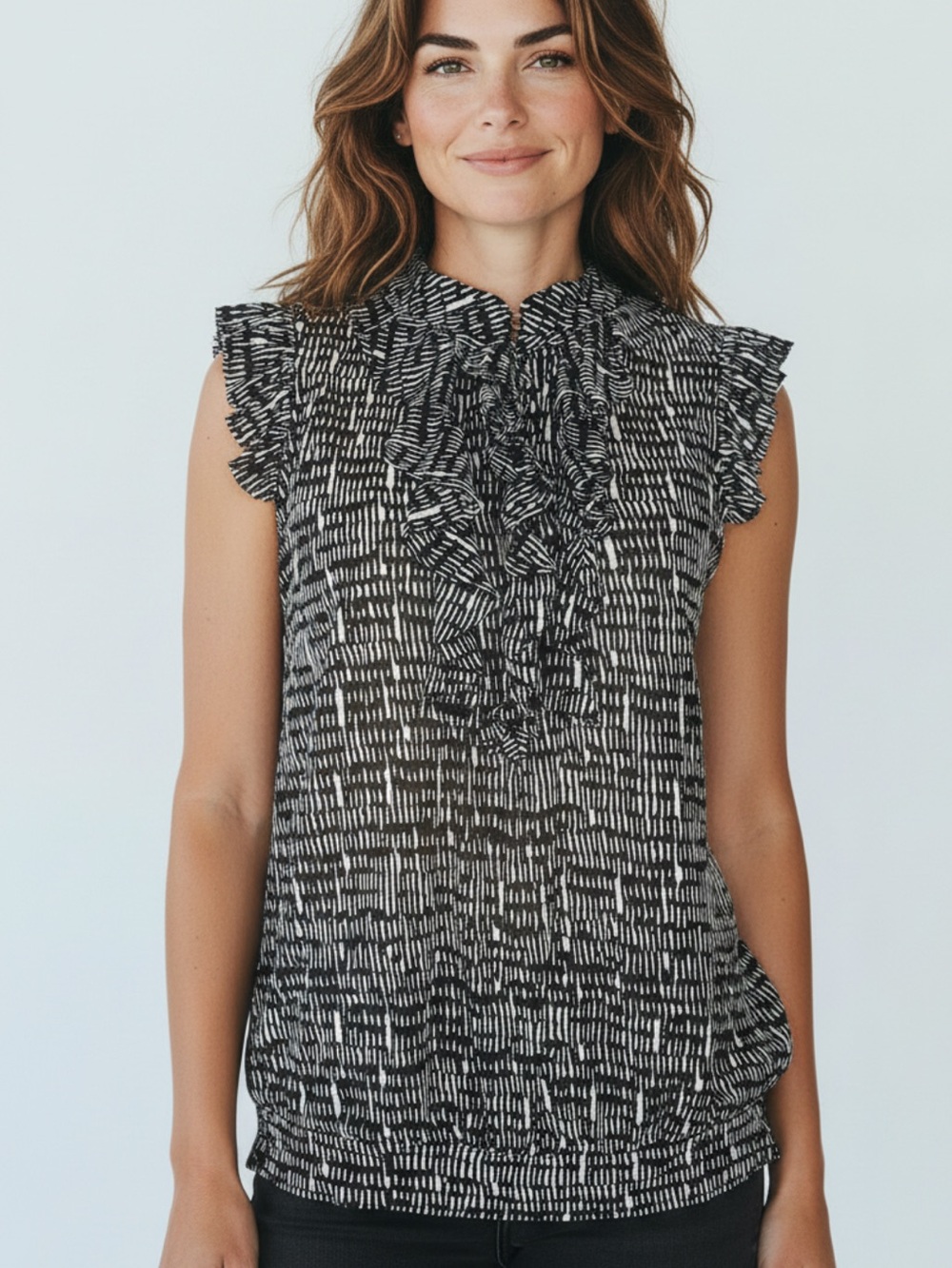 The Limited Black and White Ruffle Front Sleeveless Top